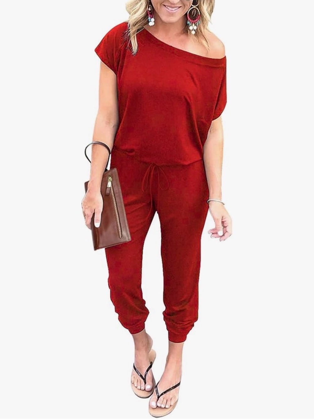 Red Short-Sleeve Drawstring Jumpsuit